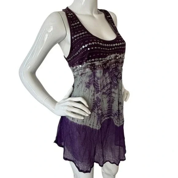 Boho Purple Beaded Sequin Flowy Tie Dye Top XL - Picture 5 of 9